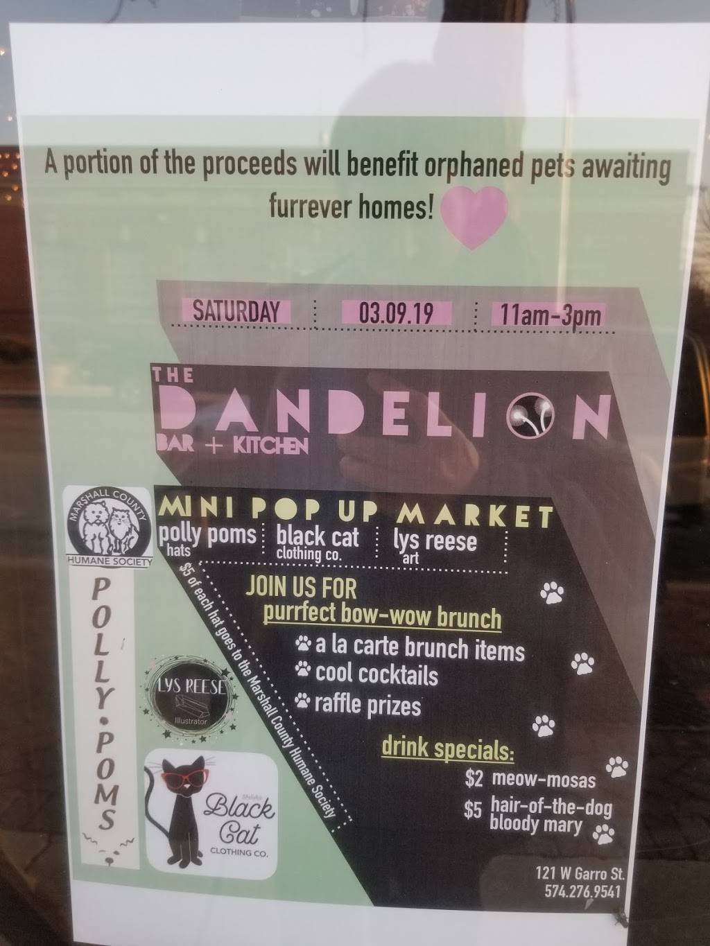 Dandelion Bar + Kitchen | restaurant | 121 W Garro St, Plymouth, IN 46563, USA | 5742769541 OR +1 574-276-9541