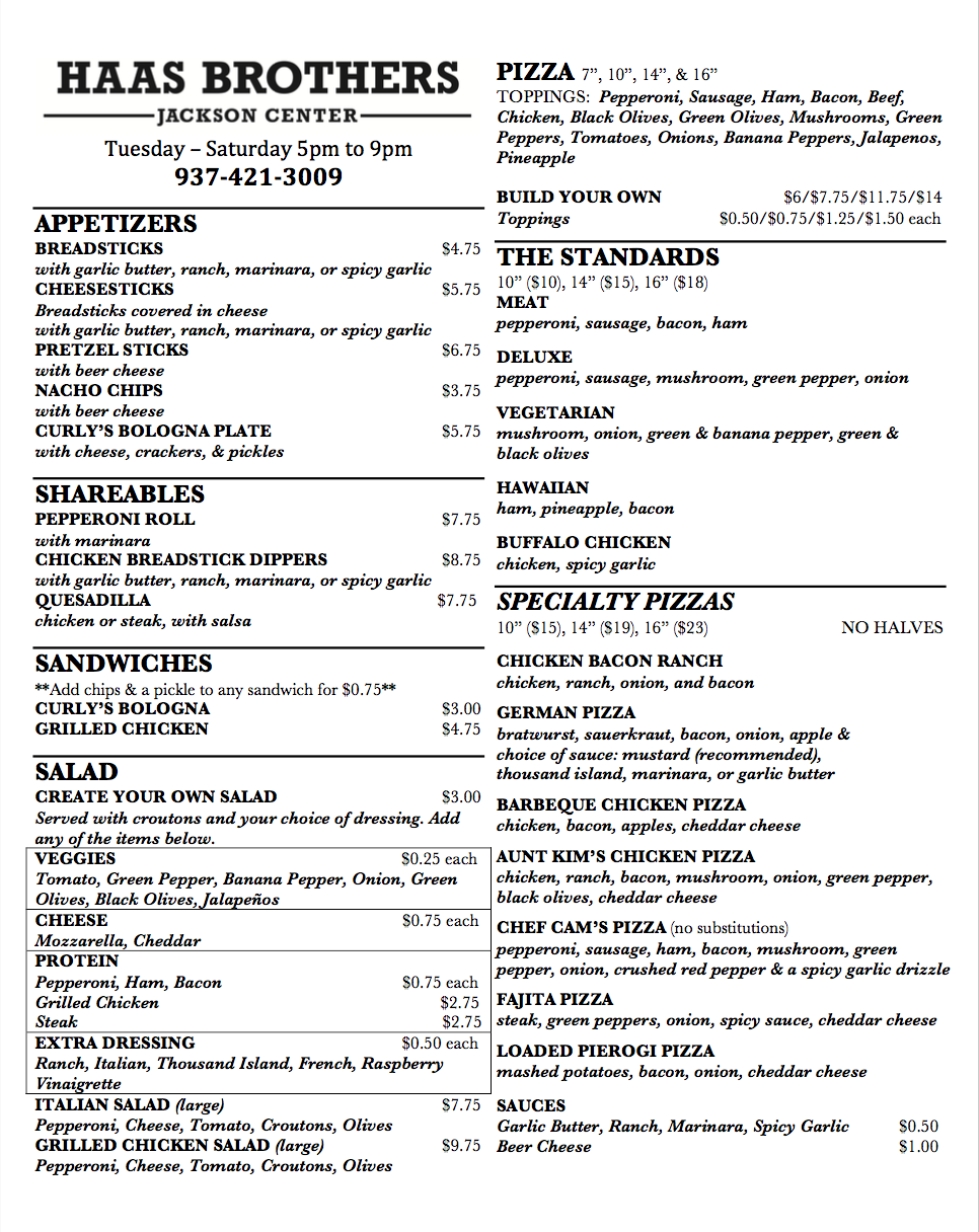 Haas Brothers | restaurant | 205 W Pike St, Jackson Center, OH 45334, USA | 9374213009 OR +1 937-421-3009