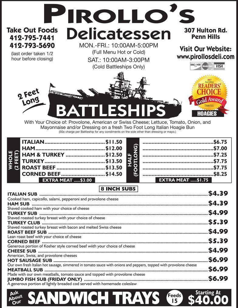 Pirollos Delicatessen | meal takeaway | 307 Hulton Rd, Verona, PA 15147, USA | 4127935690 OR +1 412-793-5690