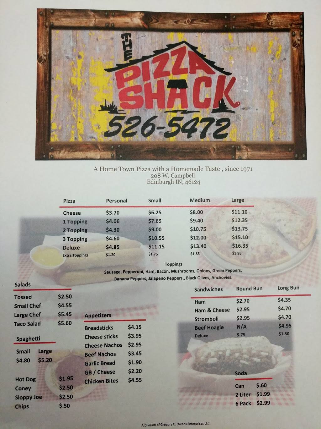 Pizza Shack | meal delivery | 208 W Campbell St, Edinburgh, IN 46124, USA | 8125265472 OR +1 812-526-5472