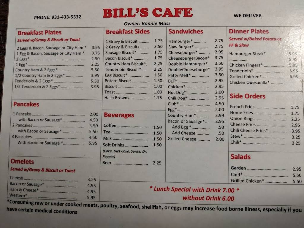 Bills Cafe | restaurant | 111 Market St E, Fayetteville, TN 37334, USA | 9314335332 OR +1 931-433-5332