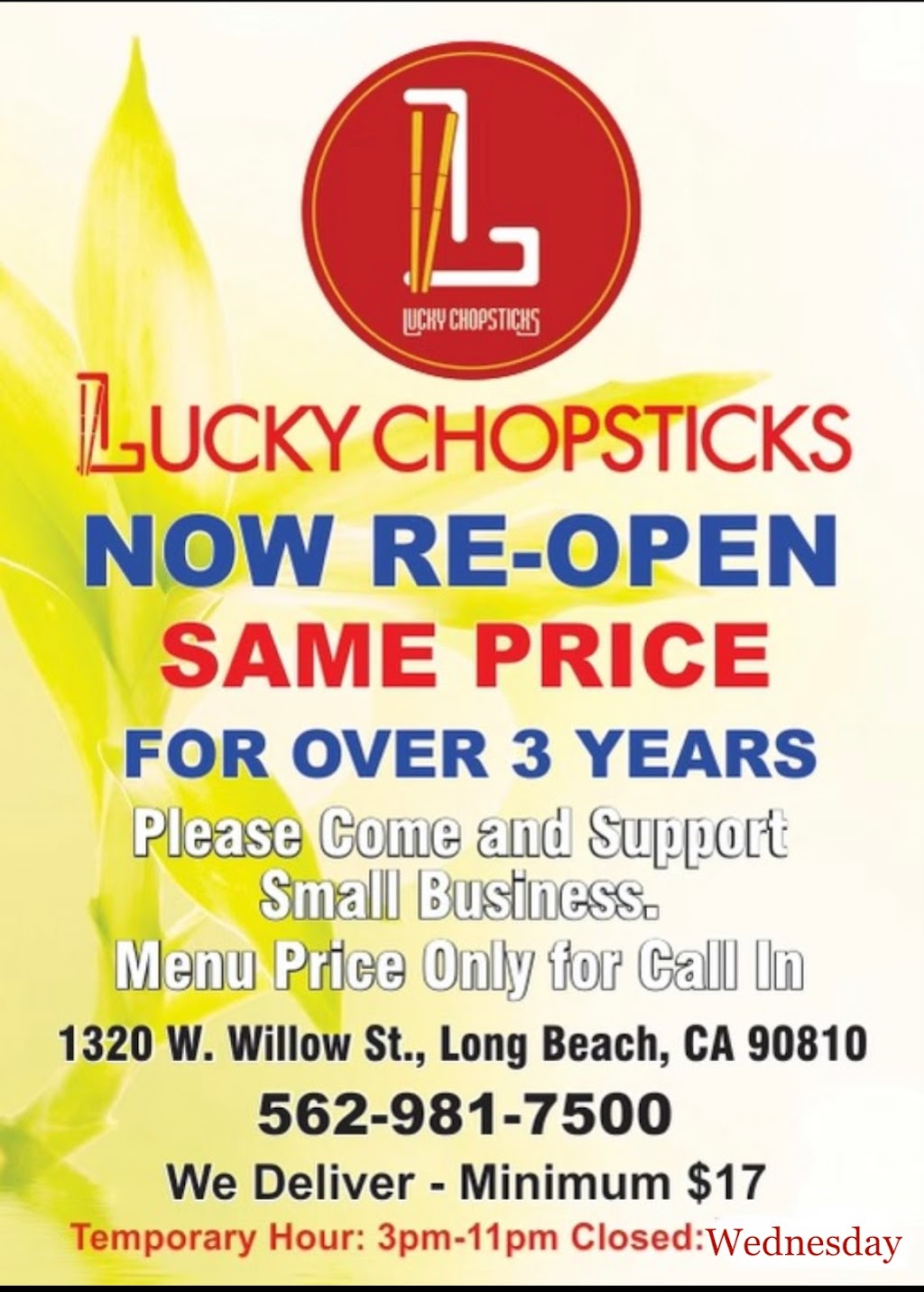 Lucky Chopsticks | restaurant | 1320 W Willow St Unit A, Long Beach, CA 90810, USA | 5629817500 OR +1 562-981-7500