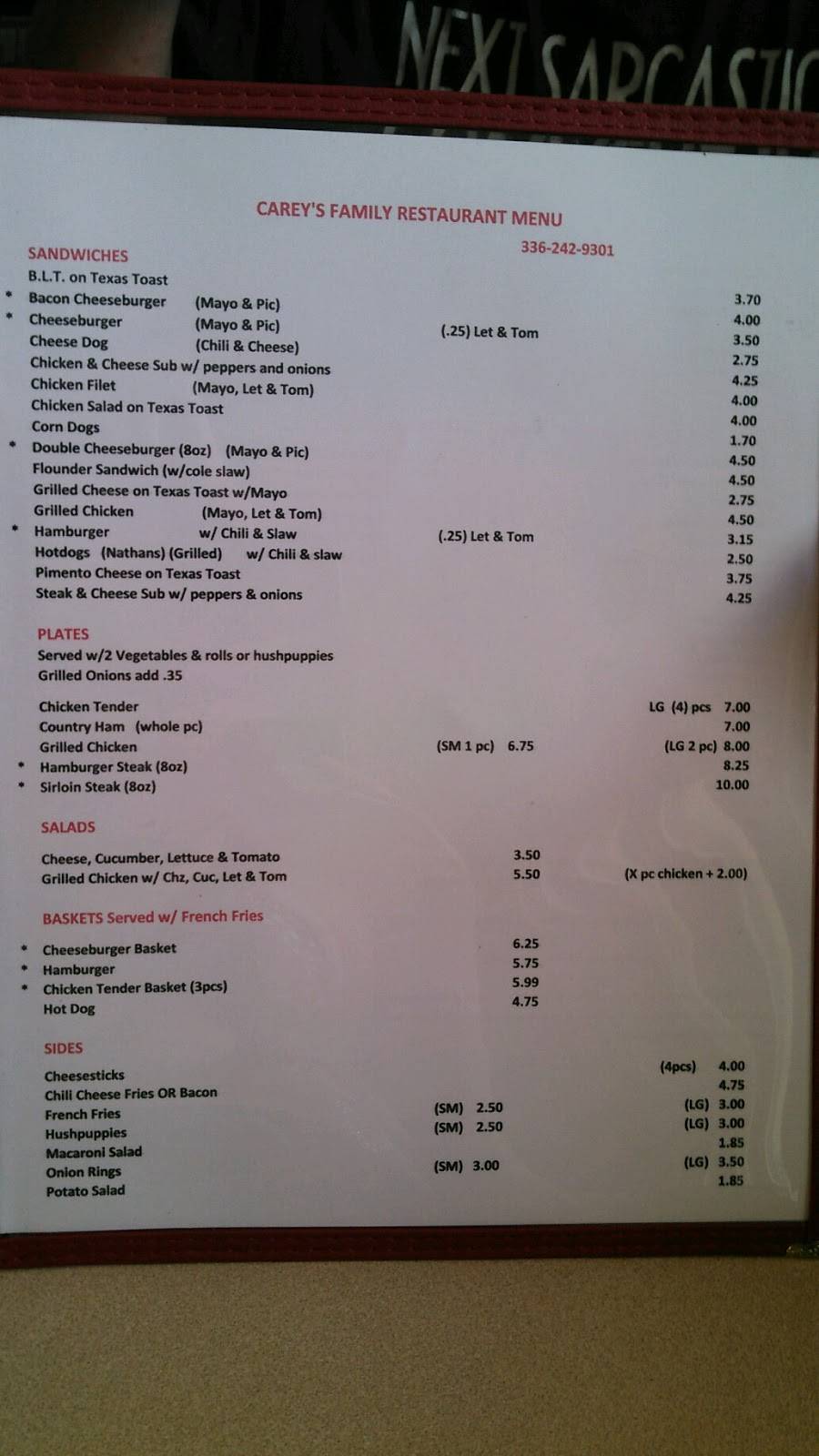 Careys Family Restaurant and Ice Cream | restaurant | 601 W 5th Ave, Lexington, NC 27292, USA | 3362429301 OR +1 336-242-9301