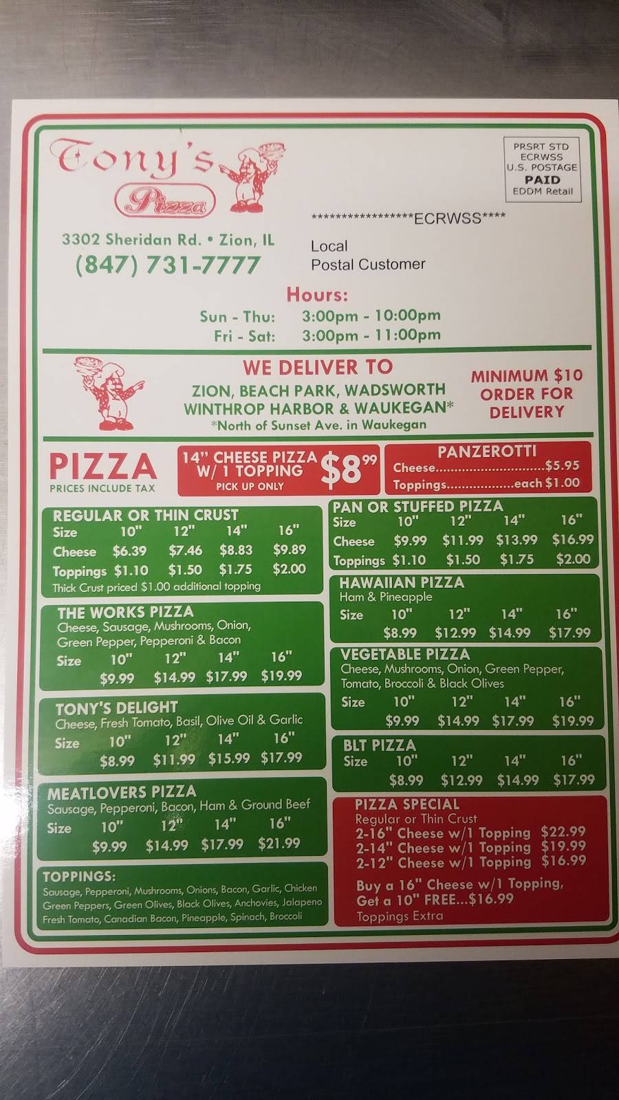 Tonys Pizza | restaurant | 3302 Sheridan Rd, Zion, IL 60099, USA | 8477317777 OR +1 847-731-7777