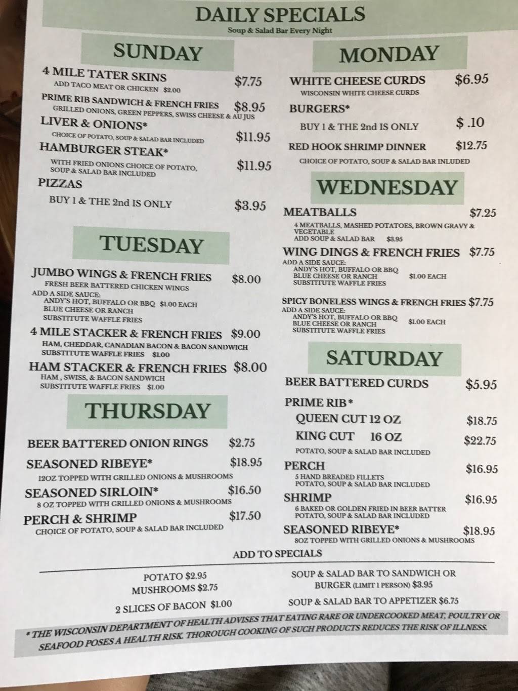 4 Mile Restaurant & Bar | restaurant | S5786 WI-37, Eau Claire, WI 54701, USA | 7158369003 OR +1 715-836-9003