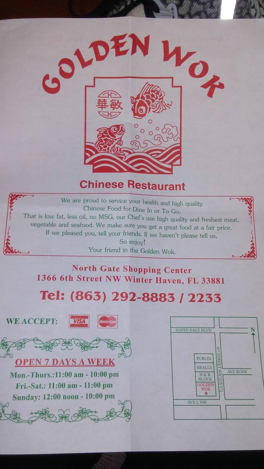 Golden Wok | restaurant | 1366 6th St NW, Winter Haven, FL 33881, USA | 8632928883 OR +1 863-292-8883