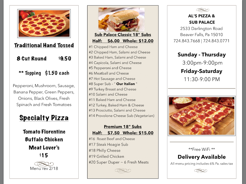 Als Pizza and Sub Palace | restaurant | 2533 Darlington Rd, Beaver Falls, PA 15010, USA | 7243551322 OR +1 724-355-1322