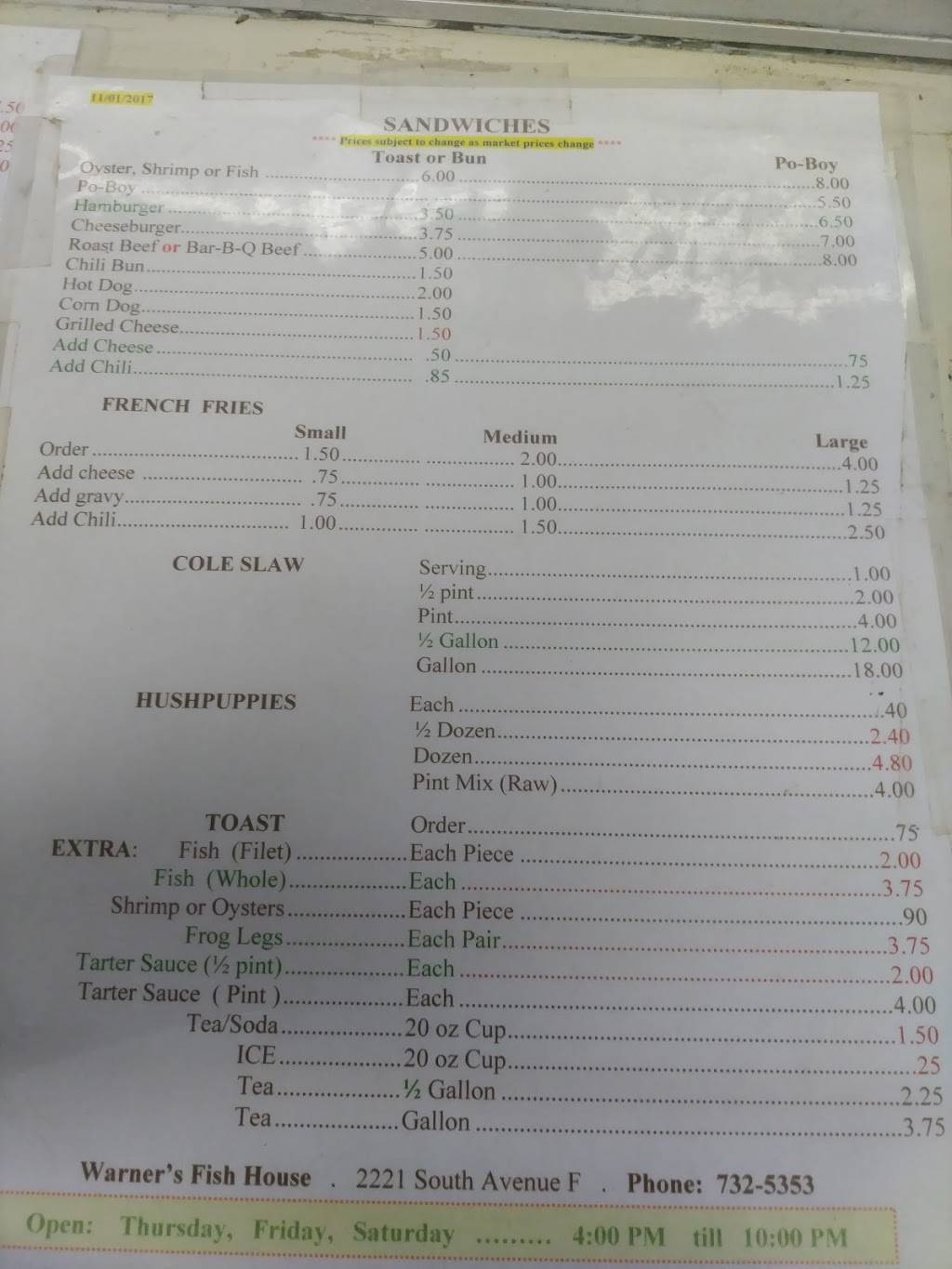 Warners Fish House | restaurant | 2221 Ave F, Bogalusa, LA 70427, USA | 9857325353 OR +1 985-732-5353