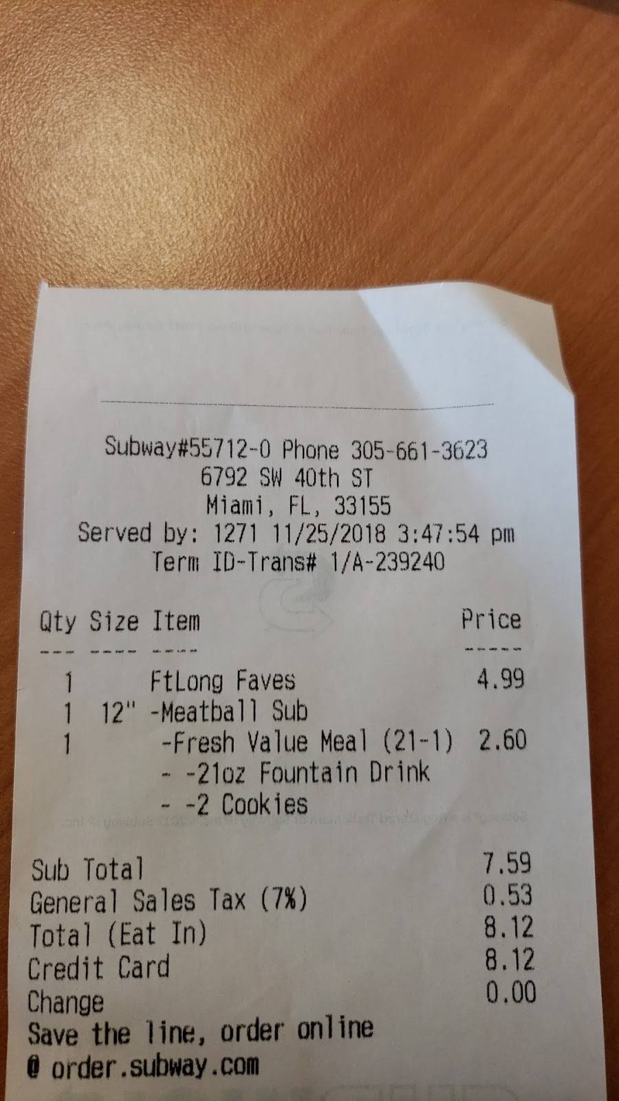 Subway | restaurant | 6792 SW 40th St, Miami, FL 33155, USA | 3056613623 OR +1 305-661-3623