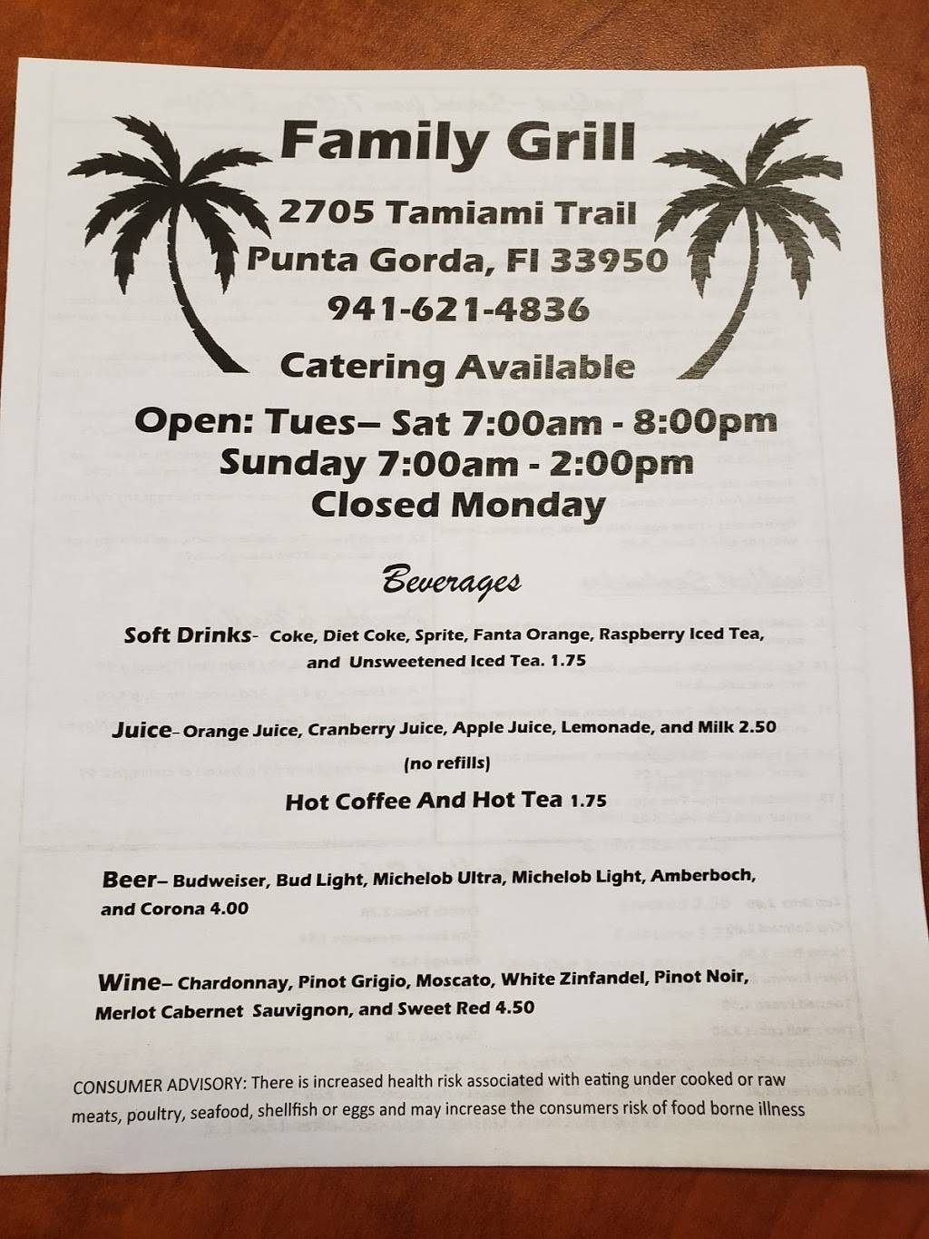 Family Grill | restaurant | 2705 Tamiami Trail, Punta Gorda, FL 33950, USA | 9416214836 OR +1 941-621-4836