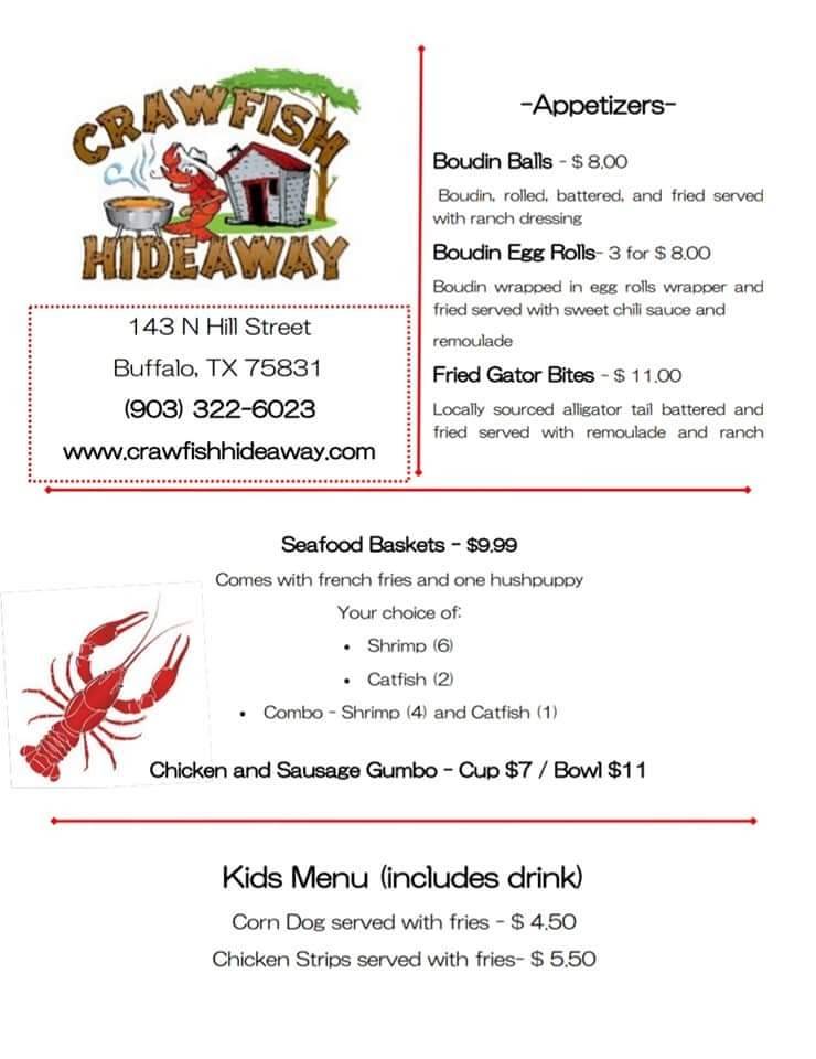 Crawfish Hideaway | restaurant | 143 Hill St, Buffalo, TX 75831, USA | 9033226023 OR +1 903-322-6023