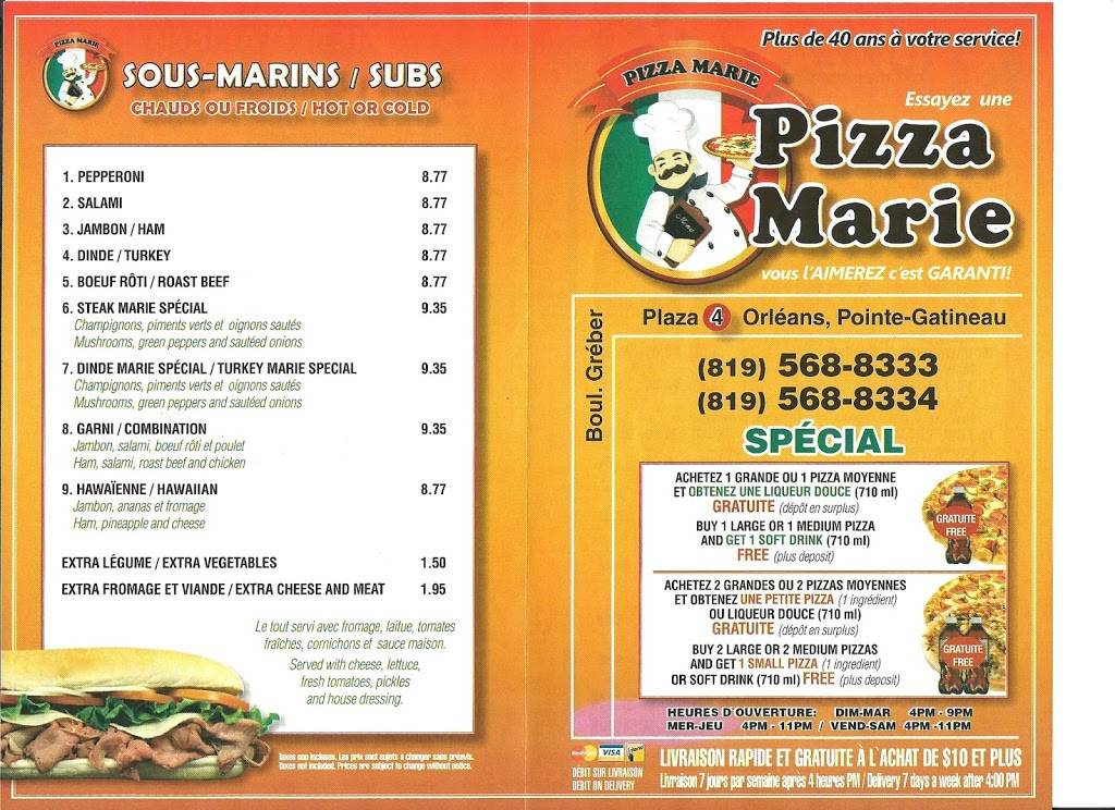 Pizza Marie | restaurant | 4 Rue dOrléans, Gatineau, QC J8T 5V1, Canada | 8195688333 OR +1 819-568-8333