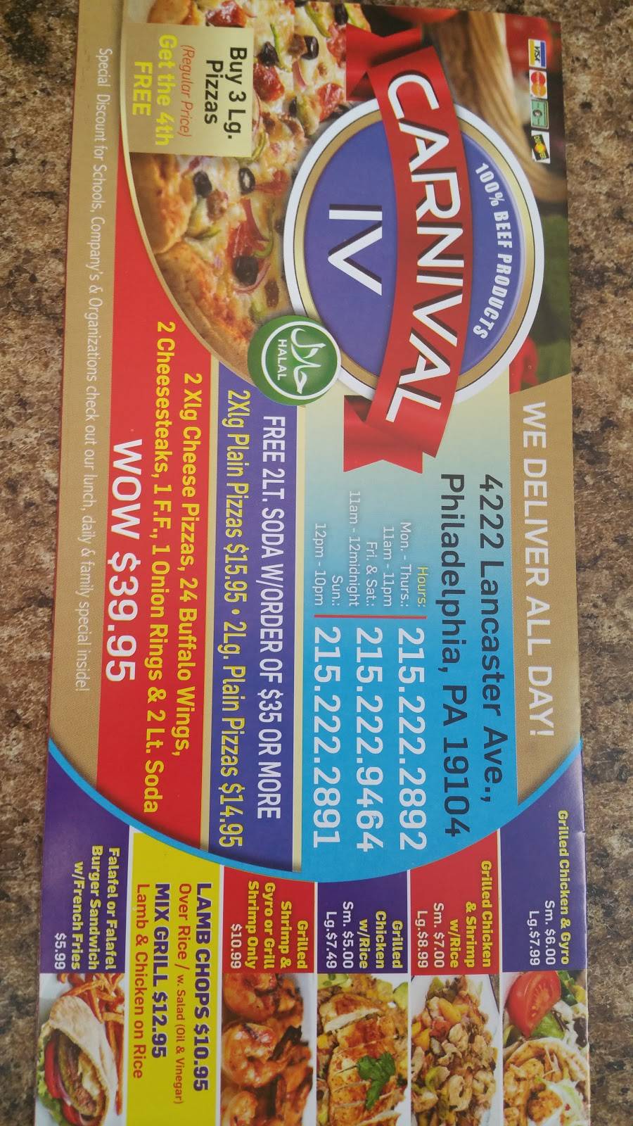 Carnival Pizza IV | meal delivery | 4222 Lancaster Ave, Philadelphia, PA 19104, USA | 2152222891 OR +1 215-222-2891
