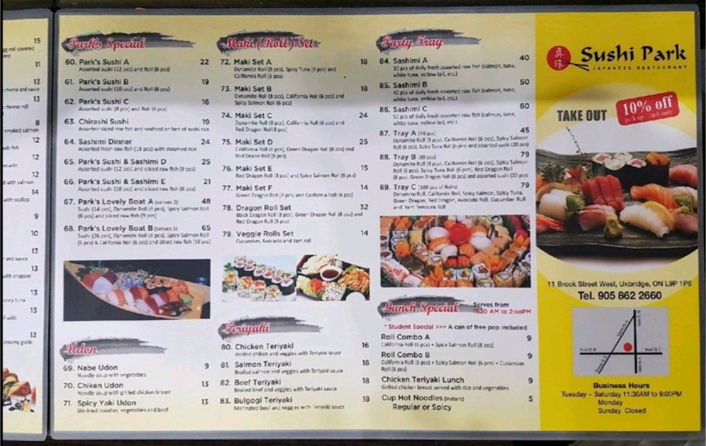 Sushi Park | restaurant | 11 Brock St W, Uxbridge, ON L9P 1P6, Canada | 9058622660 OR +1 905-862-2660