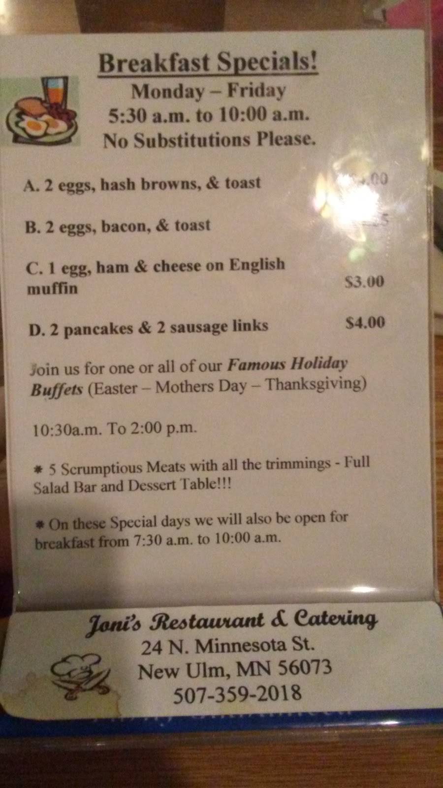 Jonis Restaurant & Catering | restaurant | 24 N Minnesota St, New Ulm, MN 56073, USA | 5073592018 OR +1 507-359-2018