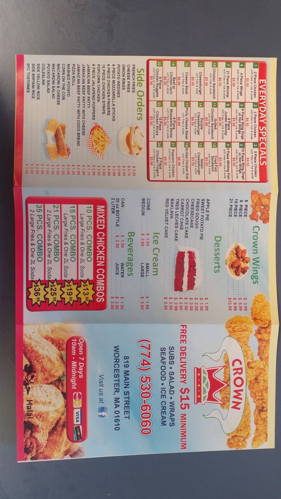 Crown Fried Chicken | restaurant | 819 Main St, Worcester, MA 01610, USA | 7745306060 OR +1 774-530-6060