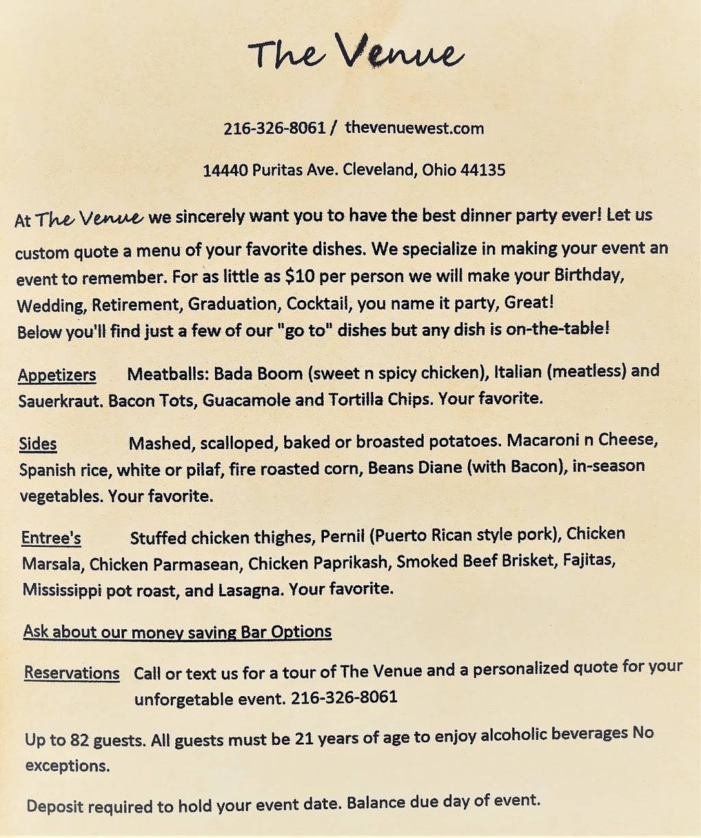 The Venue | restaurant | 14440 Puritas Ave, Cleveland, OH 44135, USA | 2163268061 OR +1 216-326-8061