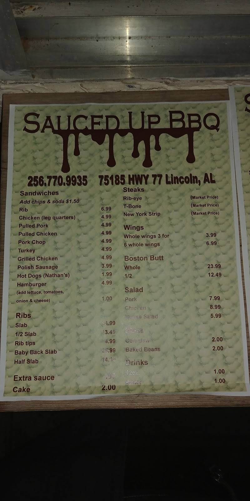 Sauced Up BBQ | restaurant | 75185 AL-77, Lincoln, AL 35096, USA | 2567709935 OR +1 256-770-9935