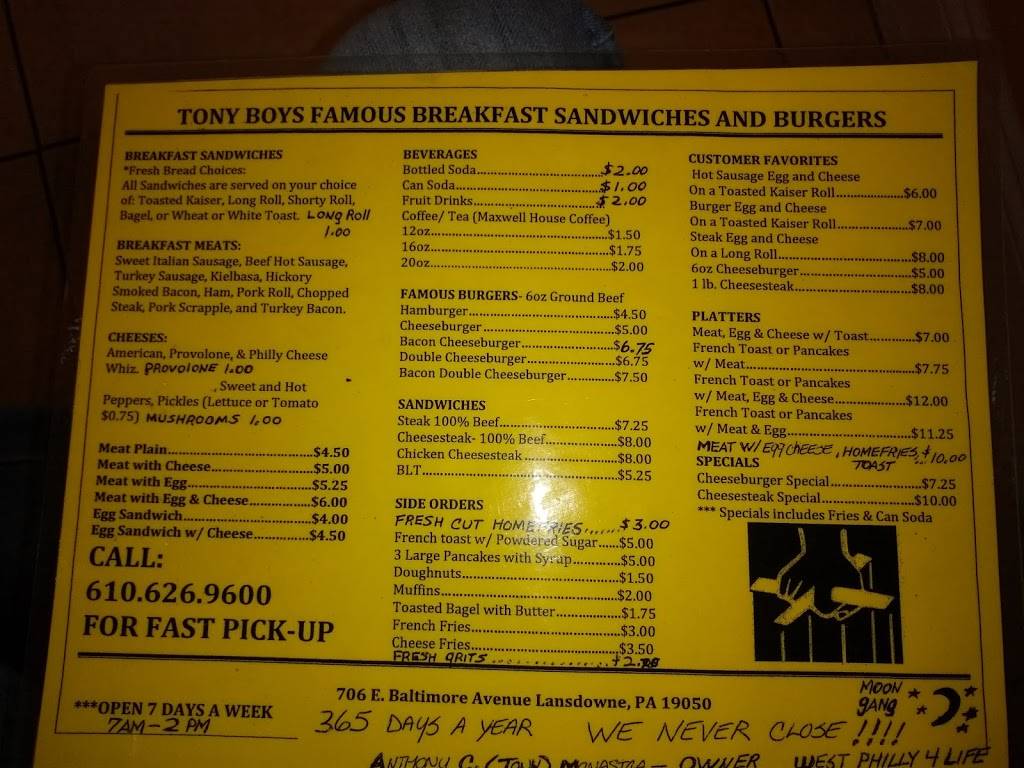 Tony Boys | restaurant | 706 E Baltimore Ave, Lansdowne, PA 19050, USA | 6106269600 OR +1 610-626-9600