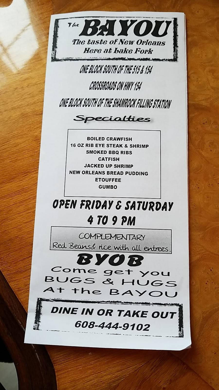 The Bayou | restaurant | 132 Co Rd 1879, Yantis, TX 75497, USA | 6084449102 OR +1 608-444-9102