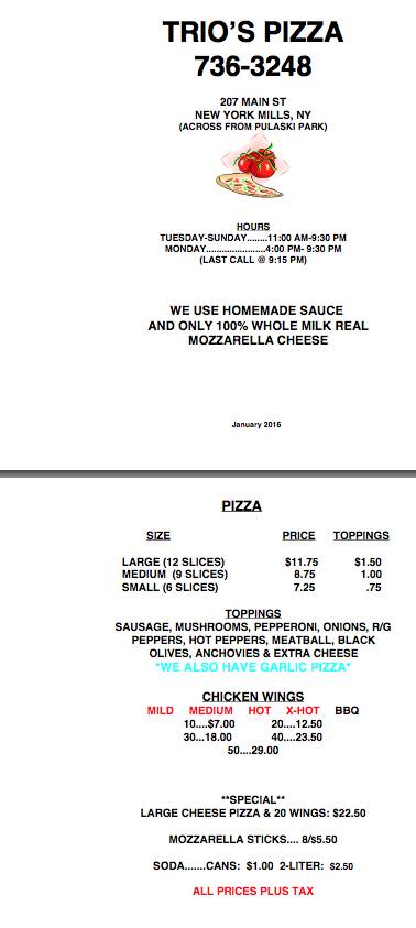 Trios Pizza | restaurant | 207 Main St, New York Mills, NY 13417, USA | 3157363248 OR +1 315-736-3248