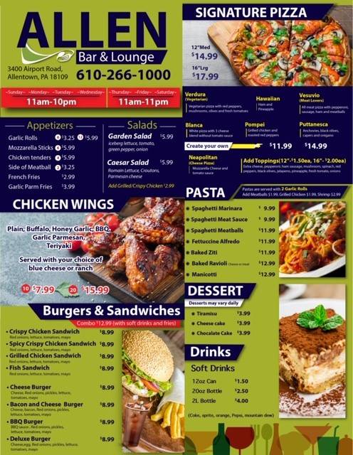 Allen bar and lounge | restaurant | 3400 Airport Rd, Allentown, PA 18109, USA | 6102315708 OR +1 610-231-5708