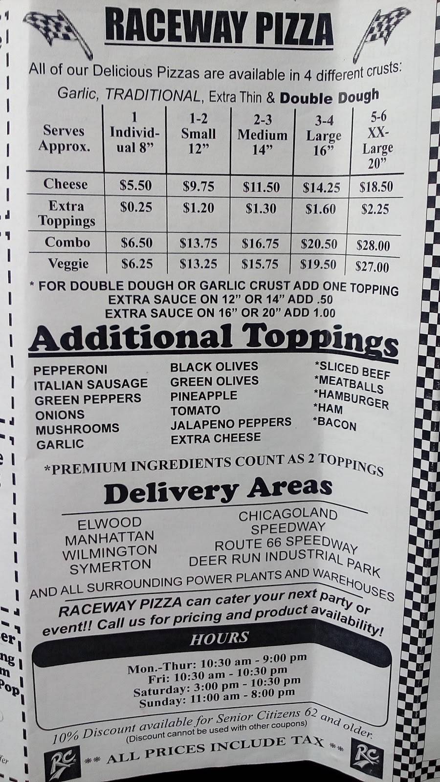 Raceway Pizza & More | meal takeaway | 109 E Gardner St, Elwood, IL 60421, USA | 8154236250 OR +1 815-423-6250