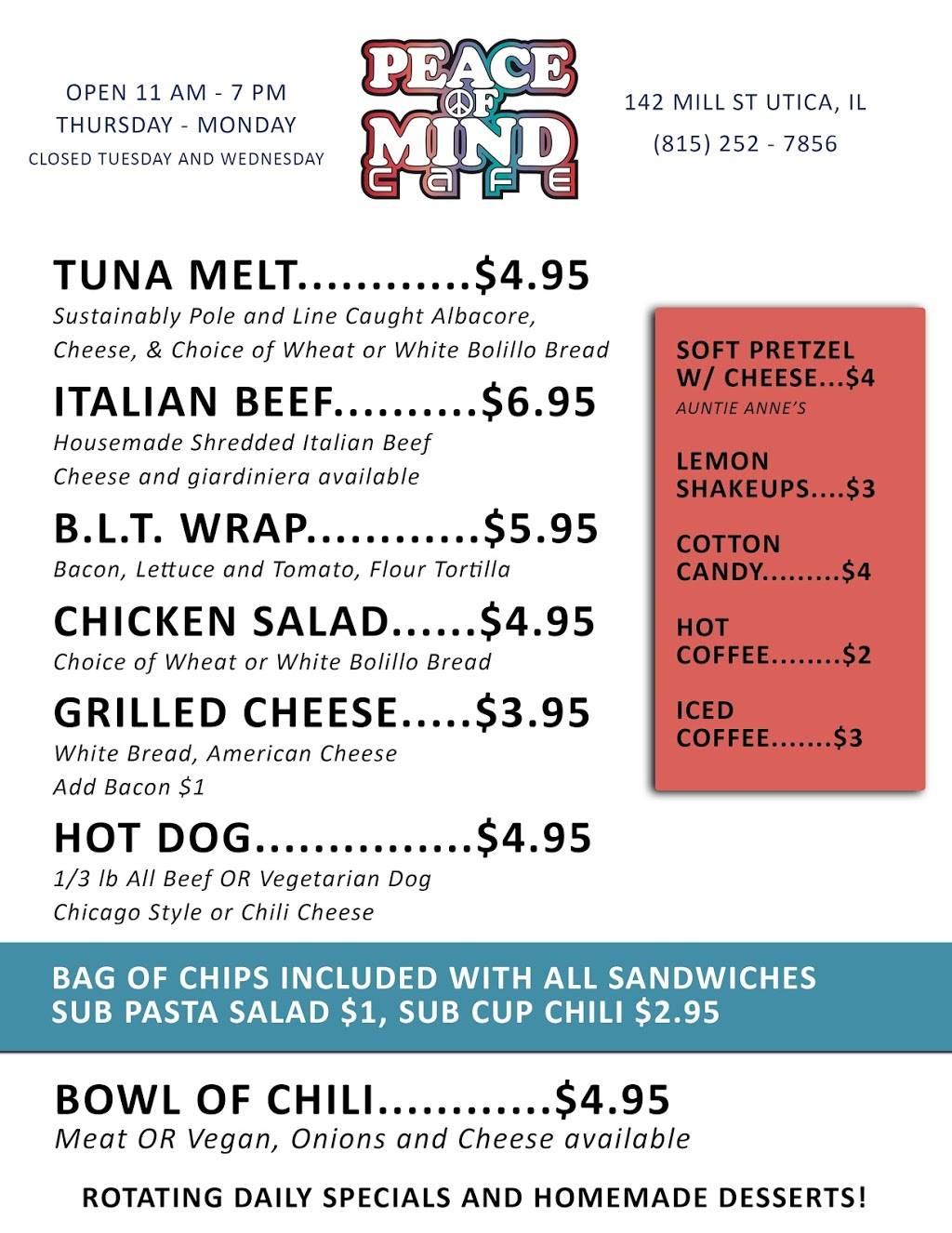 Peace of Mind Cafe | restaurant | 142 Mill St, North Utica, IL 61373, USA | 8152527856 OR +1 815-252-7856