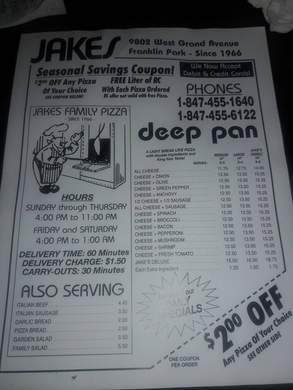 Jakes Pizza | restaurant | 9802 Grand Ave, Franklin Park, IL 60131, USA | 8474556122 OR +1 847-455-6122