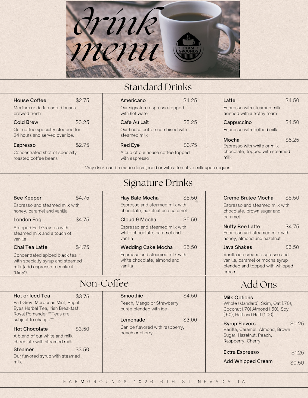 Farm Grounds | cafe | 1026 6th St, Nevada, IA 50201, USA | 5153821401 OR +1 515-382-1401