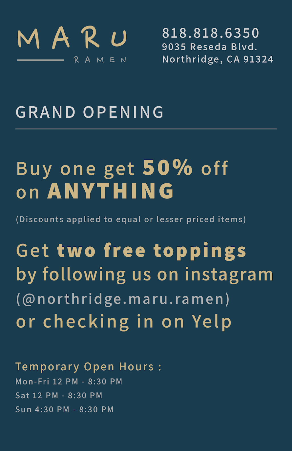 Maru Ramen | restaurant | 9035 Reseda Blvd, Northridge, CA 91324, USA | 8188186350 OR +1 818-818-6350