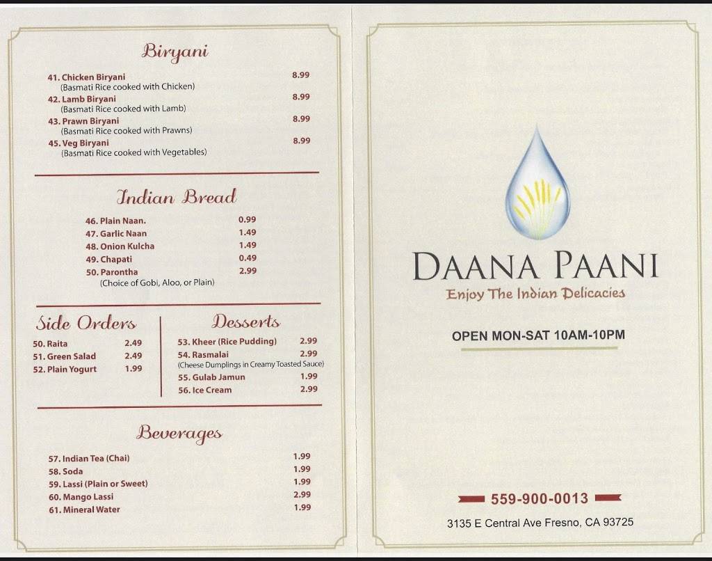 Daana Paani | restaurant | 3135 E Central Ave, Fresno, CA 93725, USA | 5599000013 OR +1 559-900-0013