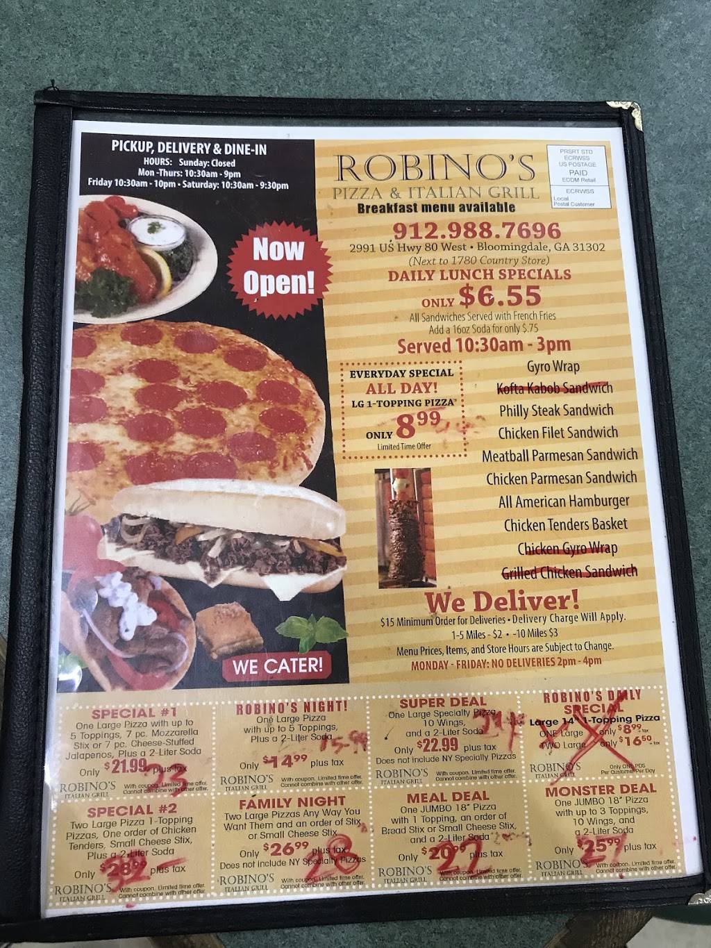 Robinos Pizza & Italian Grill | restaurant | 2991 US Hwy 80 West, Bloomingdale, GA 31302, USA | 9129887696 OR +1 912-988-7696