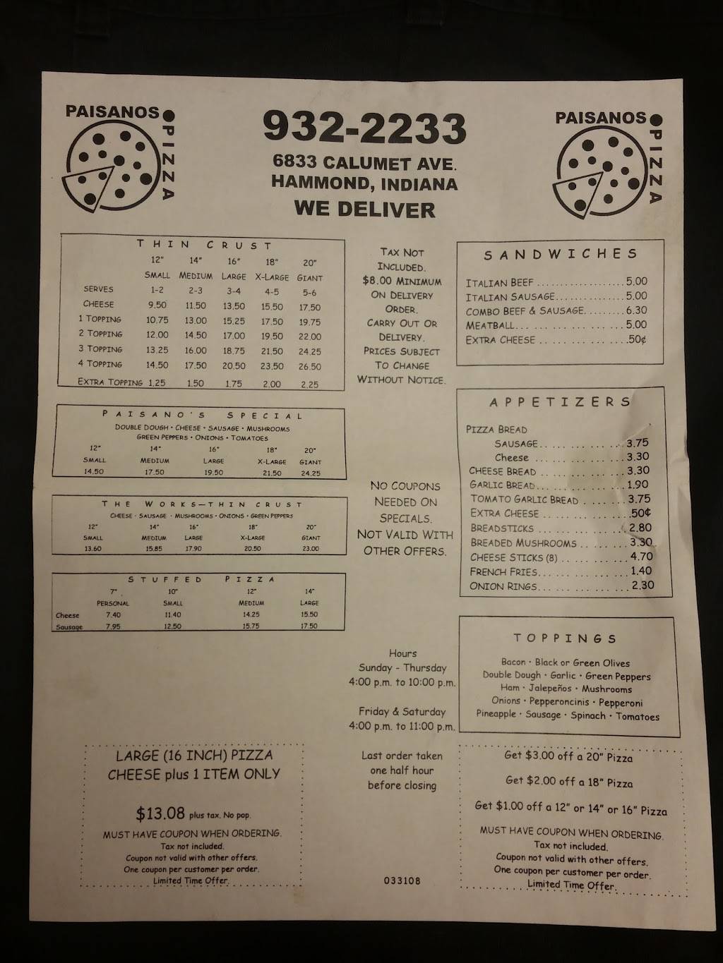 Paisanos Pizza | restaurant | 6833 Calumet Ave, Hammond, IN 46324, USA | 2199322233 OR +1 219-932-2233