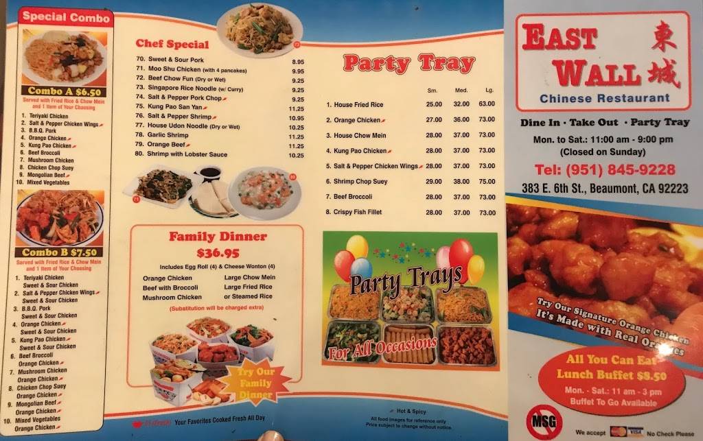 East Wall Chinese Restaurant | restaurant | 383 E 6th St, Beaumont, CA 92223, USA | 9518459228 OR +1 951-845-9228