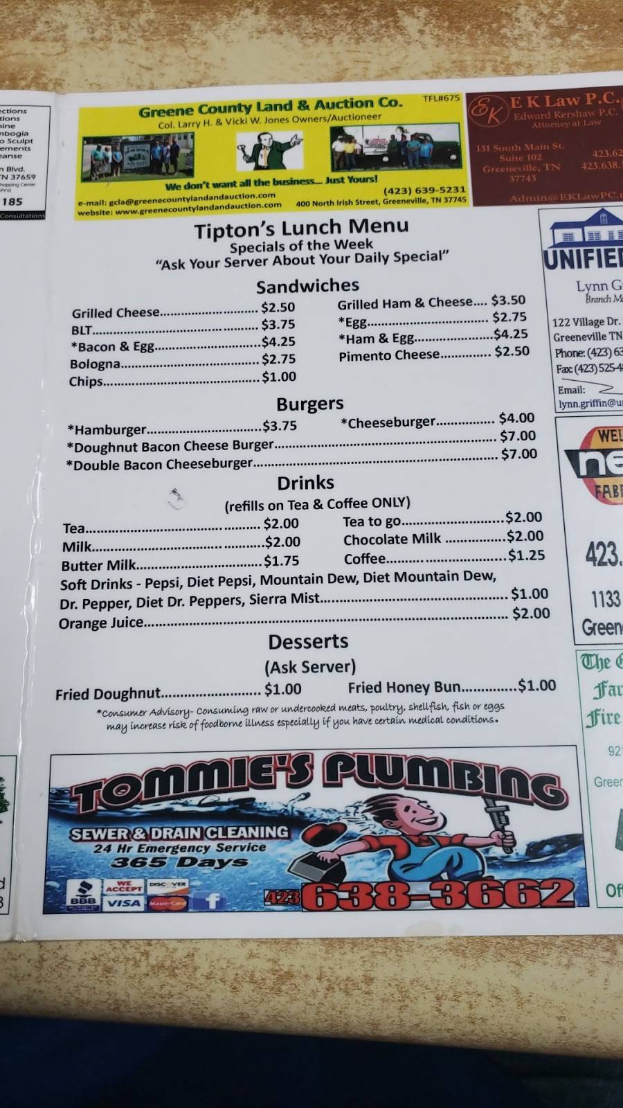 Tiptons Cafe | restaurant | 127 W Depot St, Greeneville, TN 37743, USA | 4236394201 OR +1 423-639-4201