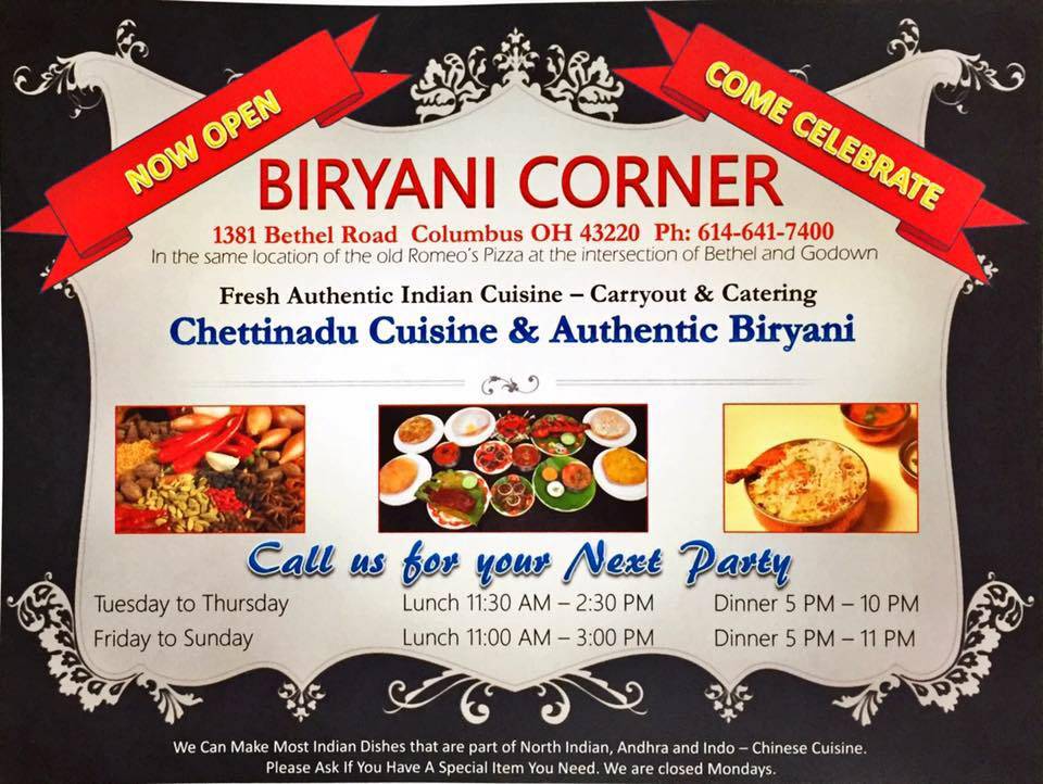Biryani Corner | restaurant | 1381 Bethel Rd, Columbus, OH 43220, USA | 6146417400 OR +1 614-641-7400