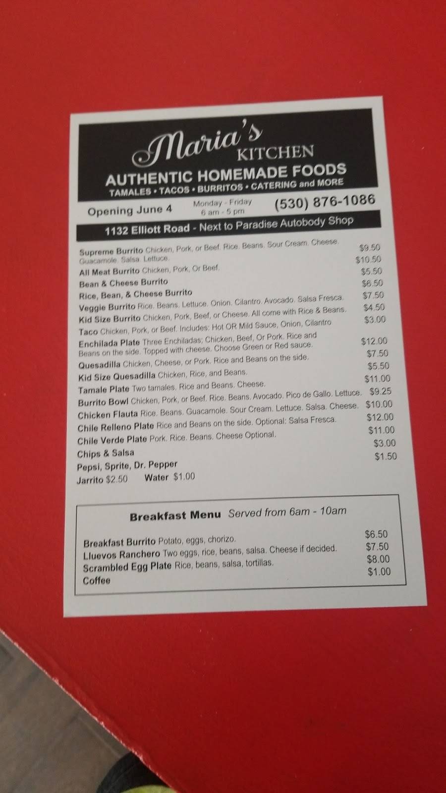 Marias Kitchen | meal takeaway | 1132 Elliott Rd, Paradise, CA 95969, USA | 5308761086 OR +1 530-876-1086