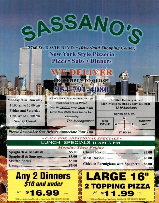 Sassanos Pizza | restaurant | 2760 Davie Blvd, Fort Lauderdale, FL 33312, USA | 9547914080 OR +1 954-791-4080