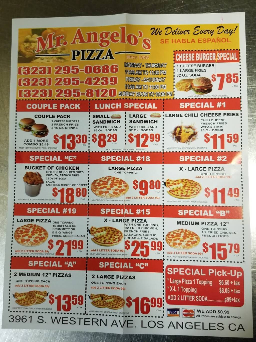 Mr Angelos Pizza | restaurant | 3961 S Western Ave, Los Angeles, CA 90062, USA | 3232958120 OR +1 323-295-8120
