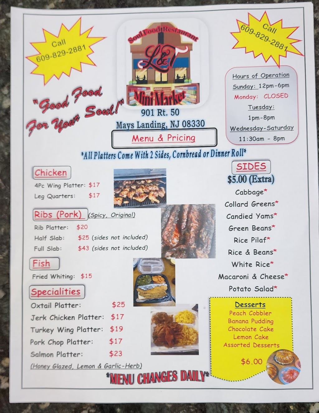 L & T’s Soul Food | restaurant | 901 Blvd. 50, Mays Landing, NJ 08330, USA | 6098292881 OR +1 609-829-2881