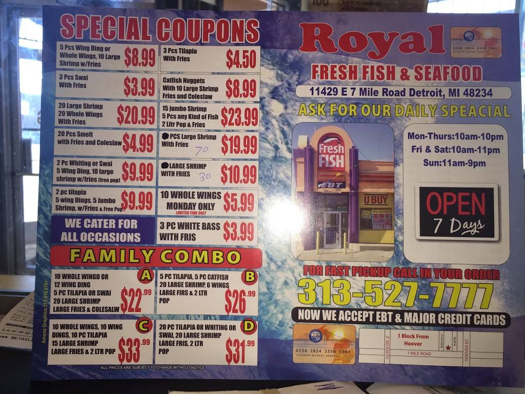 Royal Fish & Chicken Inc | restaurant | 11429 Seven Mile E, Detroit, MI 48234, USA | 3135277777 OR +1 313-527-7777