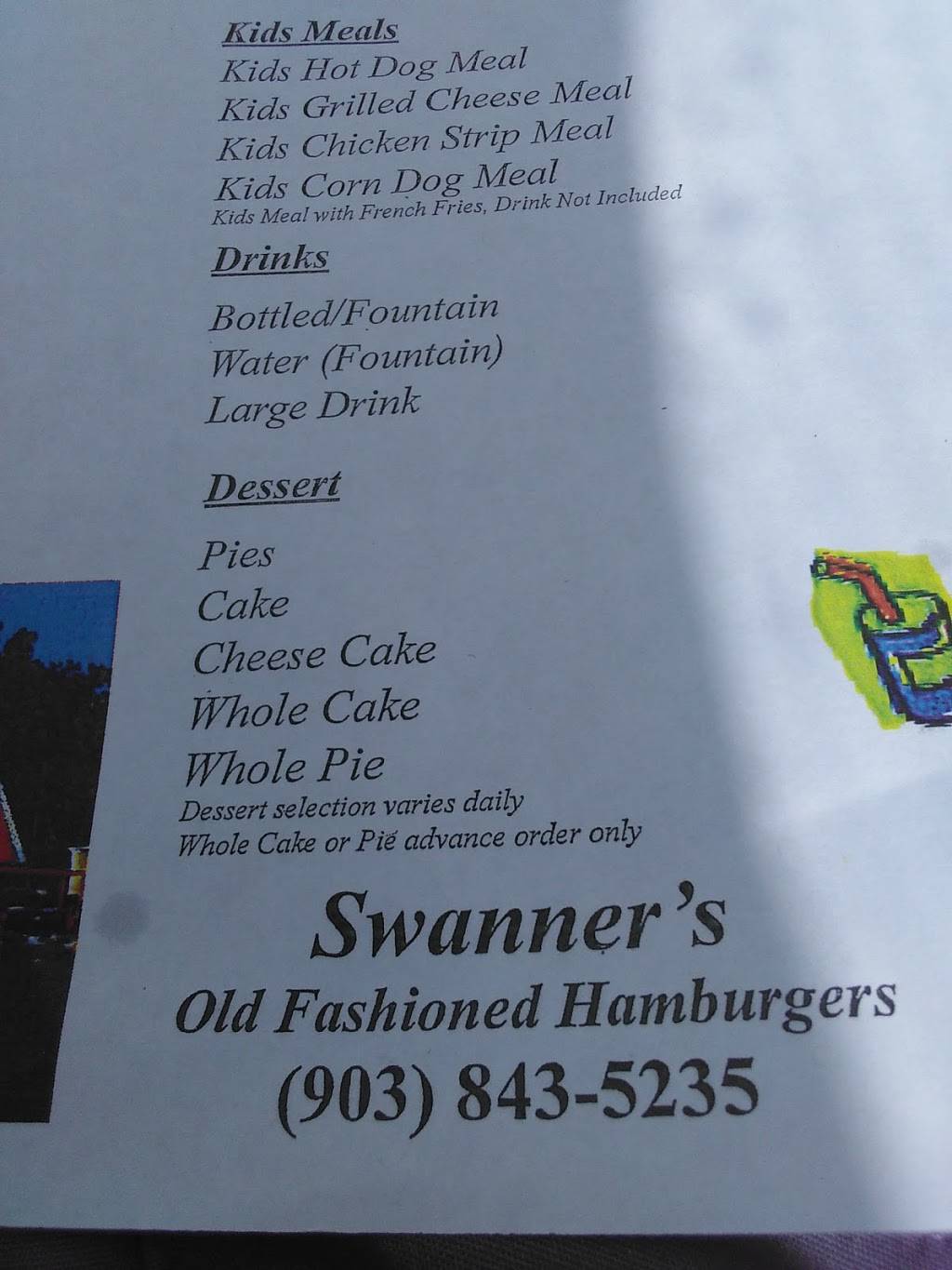 Swanners Hamburgers | restaurant | 620 W Tyler St, Gilmer, TX 75644, USA | 9038435235 OR +1 903-843-5235