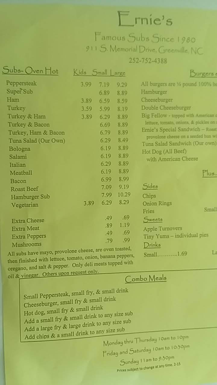 Ernies Famous Subs | restaurant | 911 S Memorial Dr, Greenville, NC 27834, USA | 2527524388 OR +1 252-752-4388