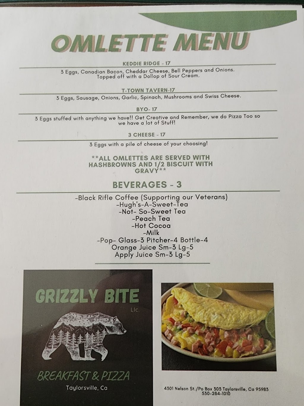 Grizzly Bite Cafe | cafe | 4301 Nelson St, Taylorsville, CA 95983, USA | 5302841010 OR +1 530-284-1010