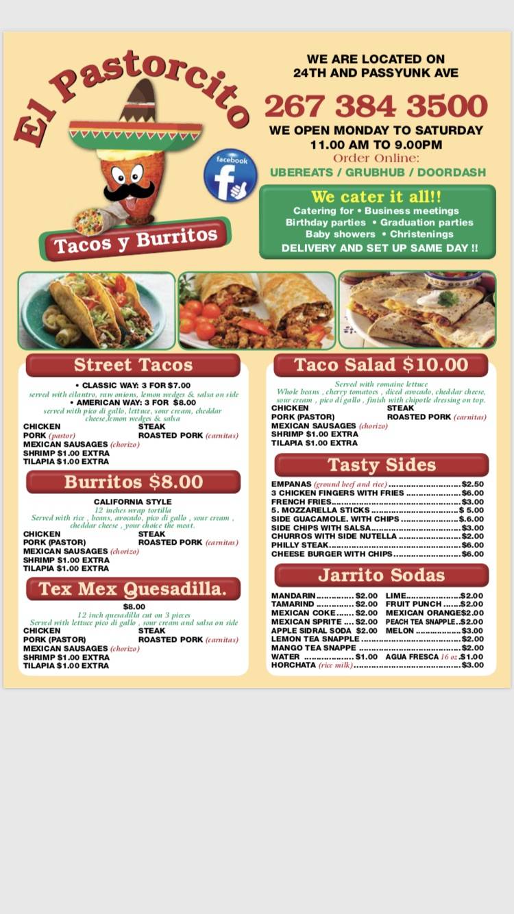 El pastorcito tacos y burritos inc. | restaurant | 2419 S 24th St, Philadelphia, PA 19148, USA | 2673843500 OR +1 267-384-3500