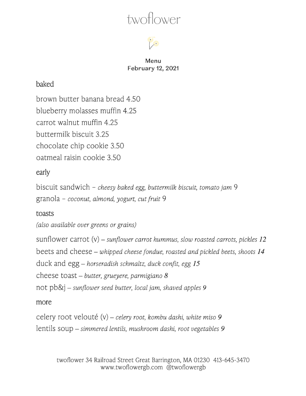 twoflower Great Barrington | restaurant | 34 Railroad St, Great Barrington, MA 01230, USA | 4136453470 OR +1 413-645-3470