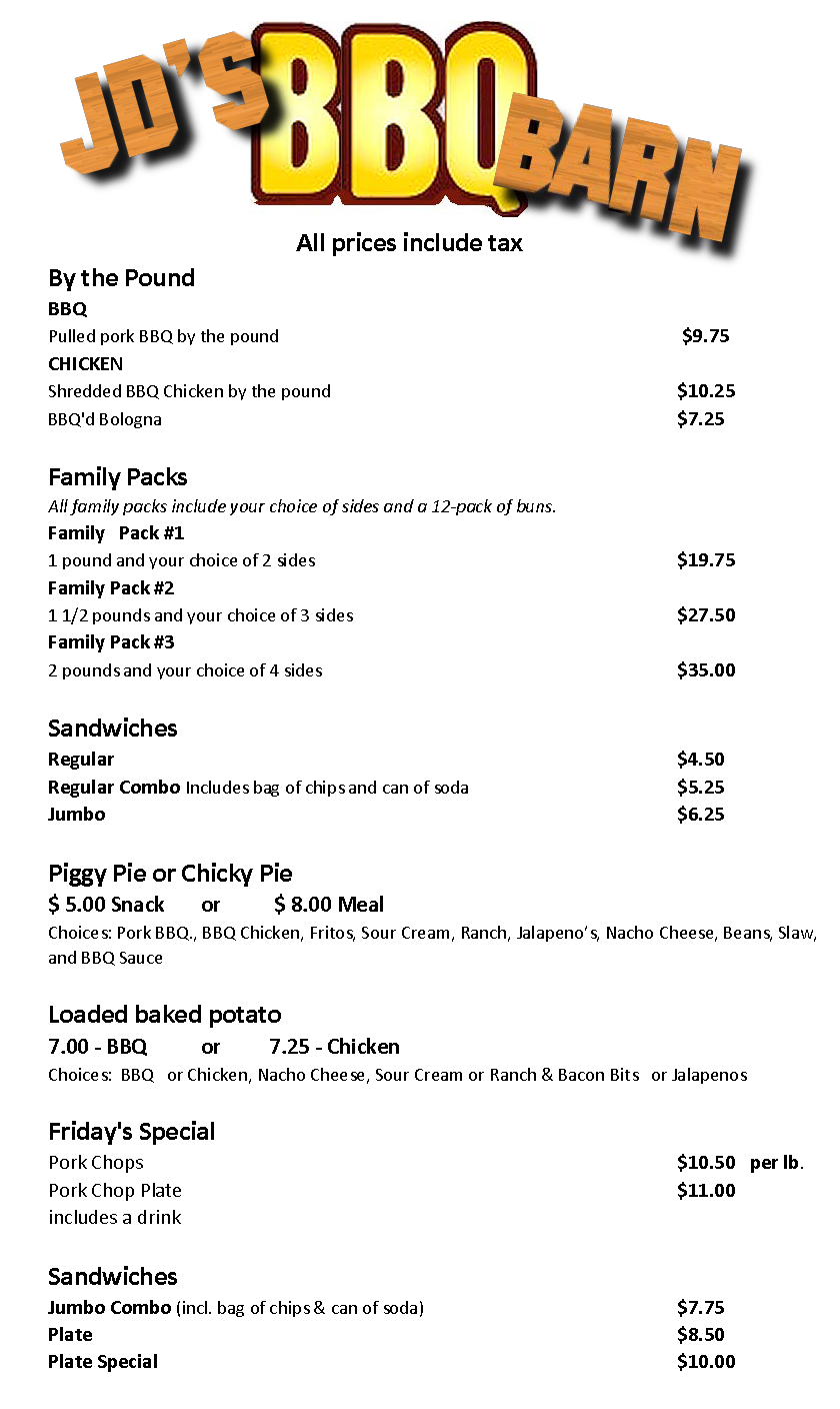 JDs BBQ Barn | restaurant | 5840 TN-100, Reagan, TN 38368, USA | 7315493840 OR +1 731-549-3840