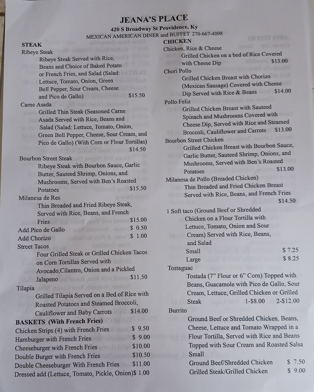 Jeanas Place | restaurant | 420 S Broadway St, Providence, KY 42450, USA | 2706674098 OR +1 270-667-4098