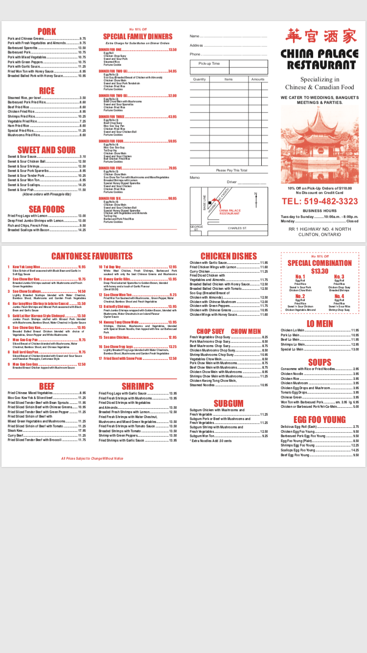 China Palace | restaurant | 80206 Base Line, Clinton, ON N0M 1L0, Canada | 5194823323 OR +1 519-482-3323